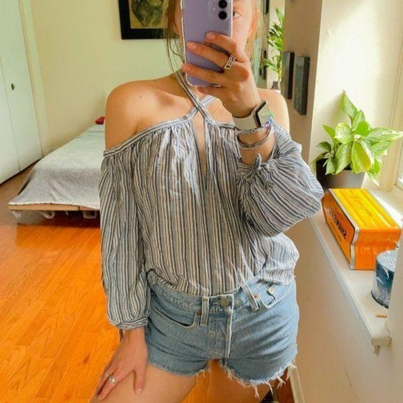 Rebecca Taylor Pinstripe Criss Cross Cut Out Top - Picture 6 of 9